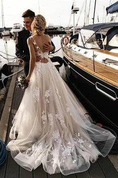רטרו בוהמי שמלת החתונה 2022 תחרה שמלות כלה קו חלול חזרה המדינה קיץ החוף נישואין שמלות מעצבים נוביה