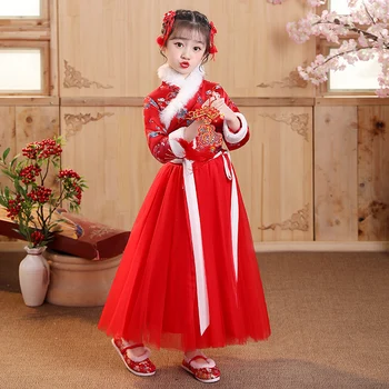 בנות החורף החדש Hanfu השמלה האדומה רטרו בסגנון סיני Cheongsam מסיבת ערב ביצועים ברכה לשנה חדשה צ ' יפאו ילדים Vestido