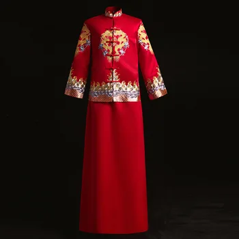 סיני חתונה בסגנון mens טוסט תחפושות שמלה אדומה רקמה החתן ערב רב שמלת קימונו החתן ' קט טאנג חליפת בגדים.