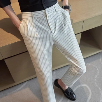 2023 חדש אלסטיות גבוה של גברים הורון סגנון חליפת מכנסיים אביב קיץ קלאסי פסים סלים עסקים ופנאי במשרד, כל להתאים את המכנסיים.