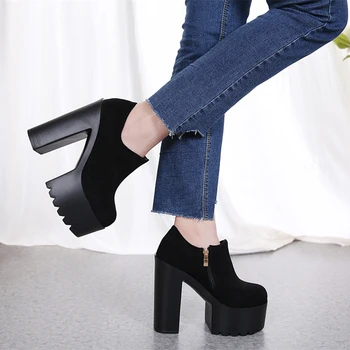 סתיו 14cm מגפי עקב גבוהים הנעל השחורה של נשים פלטפורמת מגפי קרסול לחסום את נעלי העקב מידה 34-38