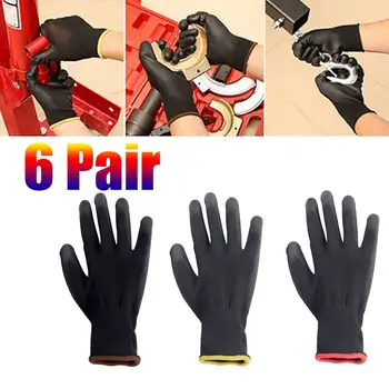 6 זוגות בטיחות כפפות עבודה השחור Pu ניילון, כותנה, כפפות תעשייתיות בוני אחיזה כפפות עבודה מגן