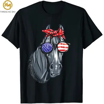 הסוס 4 ביולי החולצה נשים סוס גרפי הדגל האמריקאי טי-שירט מנופחים חולצה שטחי כותנה יומי ארבע עונות Tees