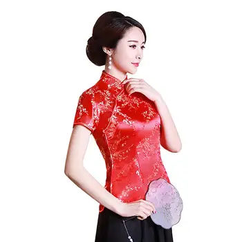 אלגנטי נשים סינית פריחת השזיף שרוול קצר לעמוד צווארון כפתורים סלים חולצה חולצה הגברת בגדים מסורתיים