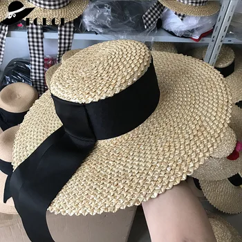 נשים טבעי רפוי כובע קש רחב שוליים הקיץ כובע שטוח עליון שחור ארוך הלהקה חוף כובע כובע נשים קנטאקי דרבי שמש כובעים