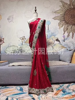 סארי חלוק רקום בעבודת יד חתונה שמלת כלה שמלת ההודי הפקיסטני ביגוד אתני