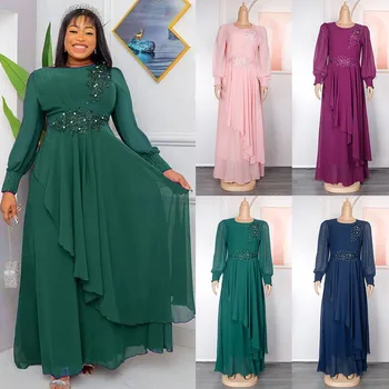 אפריקה שמלות לנשים 2023 בתוספת גודל ערב מסיבת שמלה ארוכה אפריקה בגדים חרוזים אלגנטי Kaftan המוסלמים שיפון שמלת מקסי