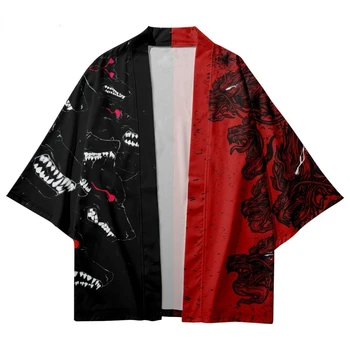יפנית מסורתית הדרקון הדפסה התאמת צבעים קימונו גברים, נשים, יאקאטה קרדיגן אדום שחור Cosplay Haori סמוראי בגדים