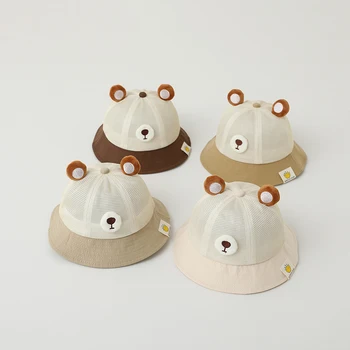 הקיץ חדש רשת דייג כובע קריקטורה דוב חמוד התינוק דלי כובע ילדים בנים בנות פעוטות לנשימה פנמה סאן קאפ ילדים
