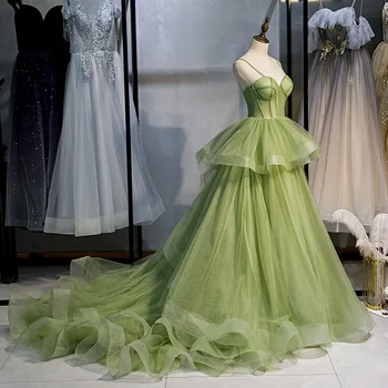 אלגנטי בסגנון נסיכה צ ' יפאו נגרר Vestidos דה לפסטה ירוק רשת שמלת ערב נשים סטרפלס סלבריטאים שמלת נשף