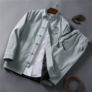 מסורת Hanfu גברים מעיל מכנסיים סט חדש רטרו בסגנון סיני פשתן טאנג חליפה חולצות מכנסיים שני חלקים טאי צ ' י, קונג-פו המדים