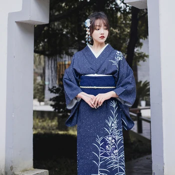 נשים יפניות מסורתיות קימונו כחול צבע רשמי יאקאטה צילום בגדים ביצוע שמלה ללבוש קוספליי