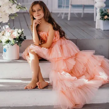 חמוד 2022 הנסיכה החדשה גבוה נמוך שכבתית ללא כתפיות פרח ילדה שמלות טול שמלת ההתייחדות הראשונה בתחרות שמלת מותאמים אישית