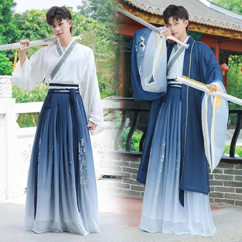 בסגנון סיני בן אלמוות גברים כחול שיפוע גדול עם שרוולים רטרו, בגדי גברים מסורתיים Hanfu מיוחד להשתמש