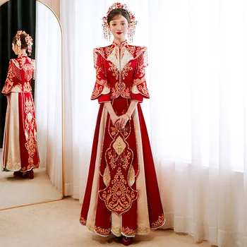 בציר מנדרין צווארון השמלה שמלות בסגנון סיני אדום סאטן רקמת חוטים שמלת טוסט בגדים
