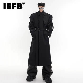 IEFB גברים מעיל ארוך כרית כתף מעיל רוח מעיל באורך הברך אופנה 2023 חדש אופנת רחוב ספארי סגנון בגדי גברים 9C1708