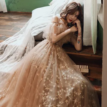 אופנה חדשה מתוק לפרוע רשת תחרה שמלת טול באורך רצפת מסיבה סקסית בשמלת ערב נוצצת כוכבים אלגנטי רשמי שמלת חלוק הרמדאן