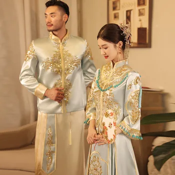 אור כחול חרוזים רקמה ציצית סינית מסורתית החתונה Cheongsam הכלה הכלה סאטן צ ' יפאו השמלה китайская одежда