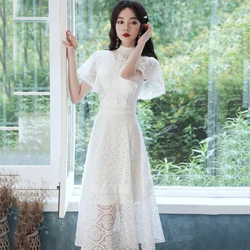 סקסית חלול החוצה פרפר שרוולים Cheongsam יוקרה תחרה ציצית מפורסמים אירועים שמלת שמלת פיות פרחים לבנים אמצע אורך צ ' יפאו