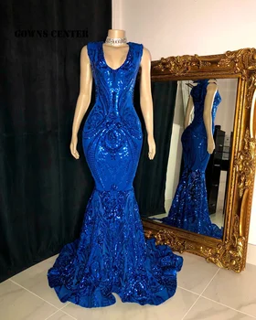 וינקה שמש כחול רויאל נצנצים על שמלת הנשף השחור בנות ערב רשמי שמלה אפריקאית שמלות כלה Mermiad גלימות דה קוקטייל