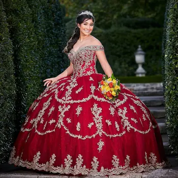יוקרה אדום הטקס שמלות 2024 מתוקה מסיבת יום הולדת נסיכה סוויט 16 שמלה עם אפליקציות התחרות Vestidos דה-15 שנים