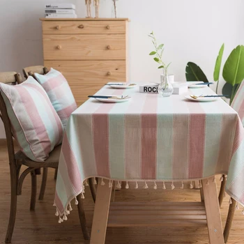 פסים מפת שולחן עם ציציות,מלבני פשתן כותנה כיסוי שולחן מטבח בחדר האוכל שולחן קפה שולחן קישוט