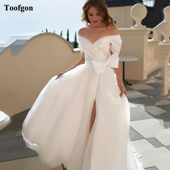 Toofgon קו אורגנזה חתונה שמלות תחרה עד בחזרה את הכתף נשים הכלה השמלה שסע צד שמלות כלה רשמי שמלת מסיבת