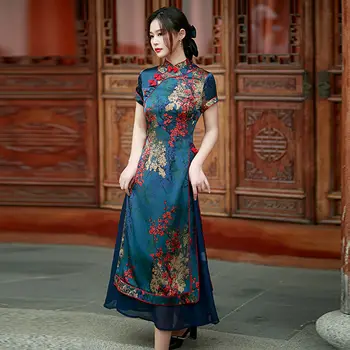 2023 סתיו חדש וייטנאם aodai סיני סגנונות נשים פרחוני הדפסה בציר שמלה ארוכה צ ' יפאו סיני אלגנטי cheongsam שמלת a90
