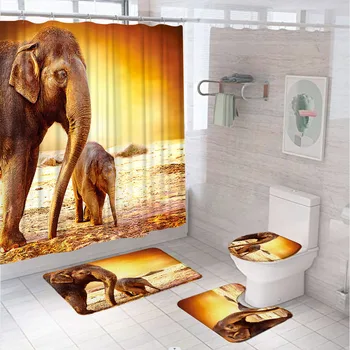 הפיל האפריקאי הפראי וילון מקלחת להגדיר 4Pcs בעלי חיים חיות הבר השקיעה אמבטיה וילונות אנטי להחליק השטיח כיסוי האסלה שטיחון לאמבטיה