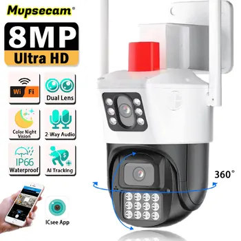 8MP 4K, מצלמה Wifi כפול עדשה אבטחה הגנה עמיד למים אבטחה טלוויזיה במעגל סגור מצלמת מעקב המשטרה אזעקת אור מצלמת IP