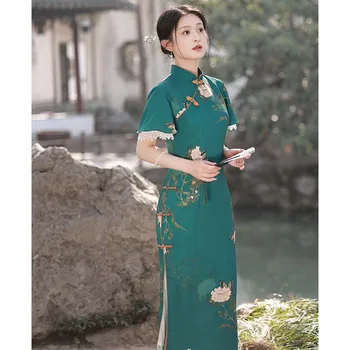 אלגנטי בסגנון סיני שמלת פרח ירוק להדפיס צ 'יפאו נשים אלגנטי סאטן Vestidos זמן צ 'יפאו וינטג' מנדרין צווארון Cheongsams