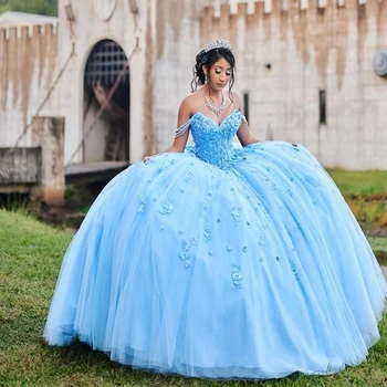 אור שמיים כחול שמלת נשף Off-הכתף הטקס שמלות אפליקציה תחרה חרוזים נסיכת מסיבת שמלות Vestidos דה-15 שנים