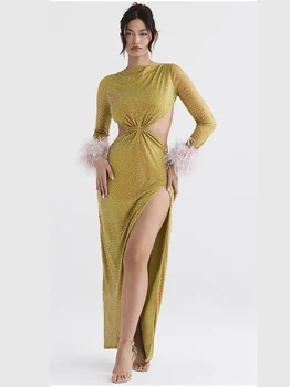 2023 הקיץ זהב שמלת ערב שרוול ארוך חם יהלום מלאכה נוצה שרוול צוואר עגול סקסי פתוח בגב הארוך של נשים שמלת מועדון