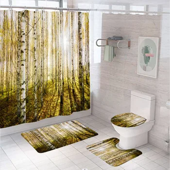 הטבע ליבנה יער מקלחת וילונות להגדיר שמש יערות הגשם נוף העץ בד שירותים וילון האמבטיה שטיח שטיח המכסה כיסוי האסלה