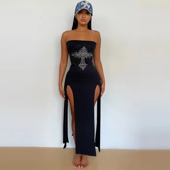 שמלת הקיץ 2023 חדש קו חם יהלום הצלב לפצל שורה אחת הצוואר סקסי שמלת Bodycon שמלה לנשים שמלות ארוכות לנשים.