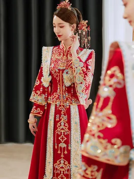 מפואר בסגנון סיני Cheongsam שמלת החתונה הדרקון פיניקס רקמה נישואין החליפה מזרחי הכלה בגדי וינטג ' צ ' יפאו
