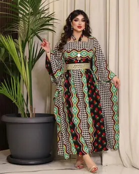 2023 אביב קיץ חדש נשים של מקסי ארוכות חופשי השמלה במזרח התיכון מודפס קראפט שיזוף שמלת חלוק באורך מלא שרוול ארוך