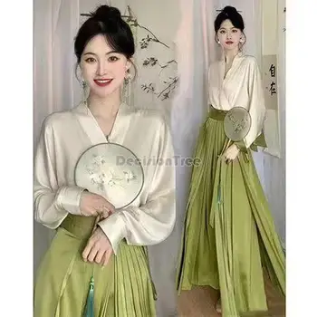 2023 סיני חדש שמלה בסגנון משופר שושלת מינג hanfu בסגנון הלאומי ארוך קפלים חצאית שרוול ארוך העליון יומי שתי חתיכות להגדיר