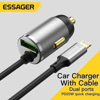 Essager 20W מטען לרכב עם כבל טעינה מהירה PD3.0 QC USB מהיר לרכב מטען USB עבור Xiaomi iPhone14 13 12 מטען לטלפון נייד