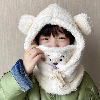 החורף הורה-ילד כובע קטיפה גרב קריקטורה דוב אוזן כבש חם כובע עם המסכה מעובה האוזן הגנה Skullies כובעים ילדה