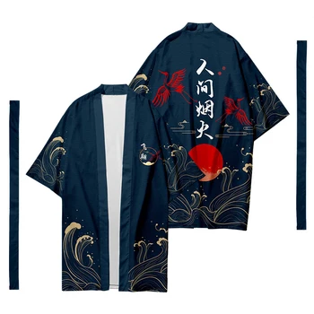 גברים יפנים זמן קימונו קרדיגן גברים סמוראי תלבושות קימונו זיקוקים דפוס קימונו החולצה יאקאטה החיצונית