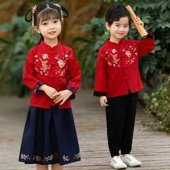 2Pcs השנה הסינית החדשה תלבושות מסורתיות ילדים טאנג חליפה Hanfu פסטיבל האביב בגדים Cosplay ביצועים בגדים המכנסיים למעלה