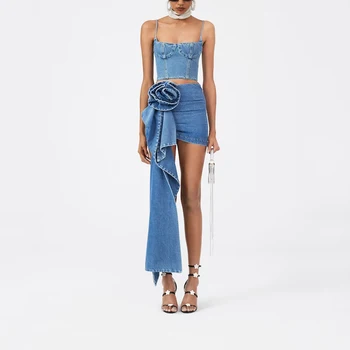3D תלת ממדי רוז ג ' ינס כחול חבילת היפ חצי חצאית נשים של אופנה רחוב אסימטרי y2k מיני החצאית חצי 2023 חדש