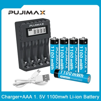 PUJIMAX 1100mWh Li-ion סוללות AAA 1.5 V נטענת Li-ion סוללה+חכם LCD סוללת ליתיום מטען טעינה מהירה נייד