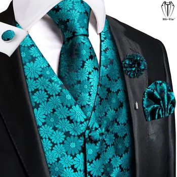 היי-תקשור באיכות גבוהה משי Mens צים ירקרק פרחוני אקארד הז ' קט עניבה הנקי חפתים סיכה להגדיר עבור גברים חליפת החתונה המשרד XL