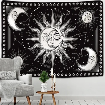 לבן שחור השמש הירח מנדלה שטיח קיר היפי קיר שמימי שטיח הקיר שטיחים המעונות עיצוב פסיכדלי שטיח