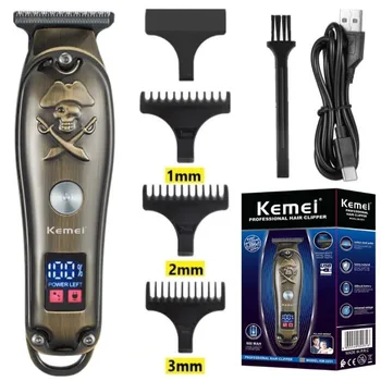 Kemei מטאל נטענות אלחוטי גוזם שיער לגברים תצוגת LCD זקן לשערות שיער מקצועי מכונת חיתוך