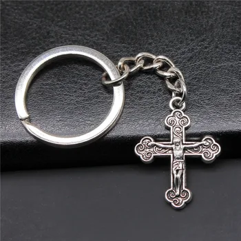 מזכרות מתנות DIY מחזיק מפתחות מתכת בעל עתיק צבע כסף 22x29mm אלוהים תליון צלב Keyring