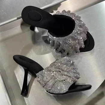 שחור ריינסטון סנדלים לנשים הסקסי החדש נעל עקב עם עקבים גבוהים, לובשת בוהן פתוח העקב גבוה נעלי בית נעליים בחוץ.