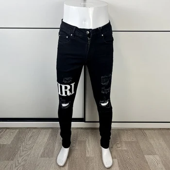 רחוב אופנה גברים ג 'ינס בצבע שחור אלסטי נמתח סקיני ג' ינס קרועים גברים מותג תיקונים מעצב היפ הופ מכנסיים גבר